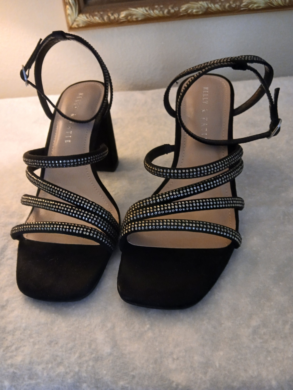 Kelly & Katie Black Strappy Crystal Block 4 Inch Heel Sandals